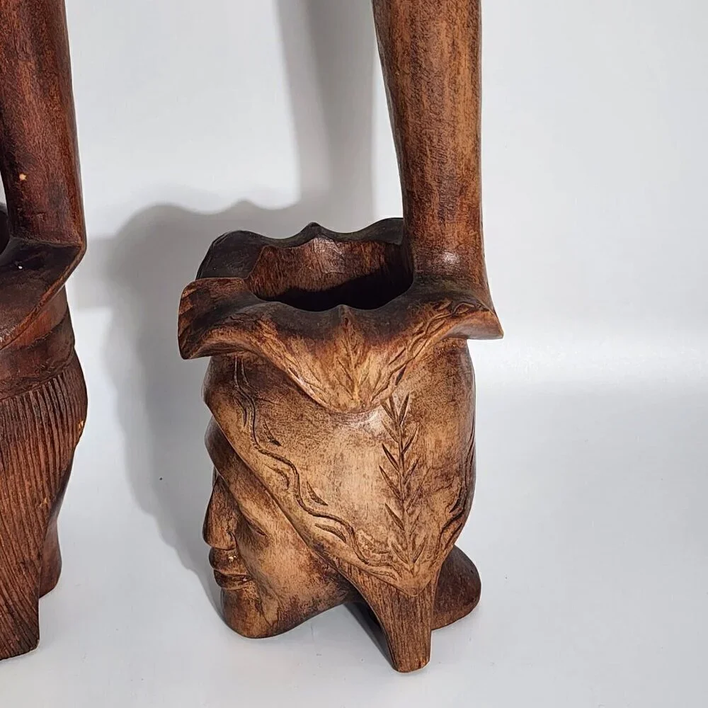Polynesian Wood Carved Water Dipper Ladle 1960s Tribal Totem Africa Vintage 2Pcs